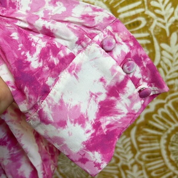 For Love & Lemons Devon V-Neck Long Sleeve Mini Shirt Dress in Pink size L - Picture 10 of 14